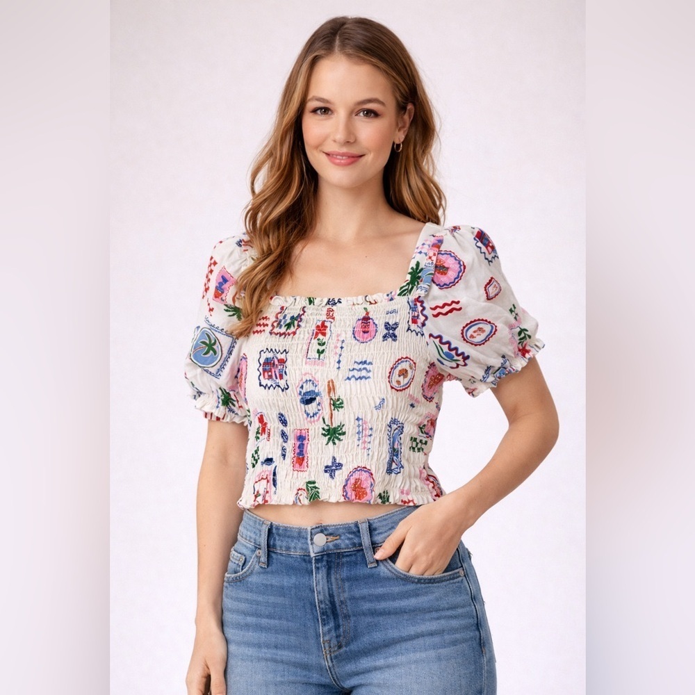 Monteau Los Angeles Smocked Square Neck Crop Top White Multi Print Women’s M